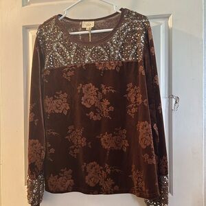 Buckle Brown Velvet Floral Sequin-Trim Long Sleeve Top